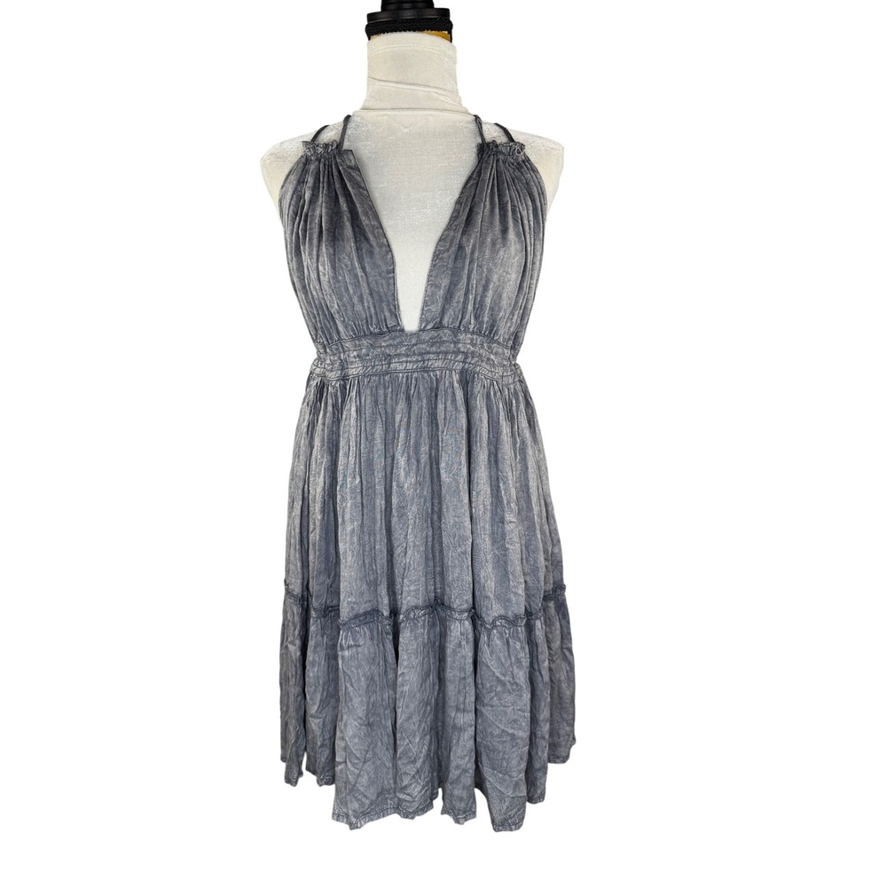Boho Me Grey Acid Wash Plunging V-Neck Tiered Boho Mini Dress Open Back